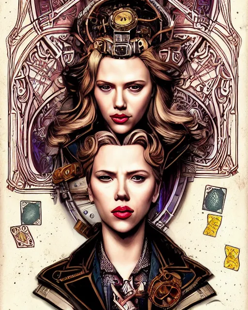 Prompt: a detailed portrait illustration of scarlett johansson as a steampunk gambler - wizard. beautiful female face. art nouveau, pop art, comic book style. influenced by neil gaiman, h. p. lovecraft, dan mumford, brian froud, vadim voitekhovitch, killian eng, ross tran.