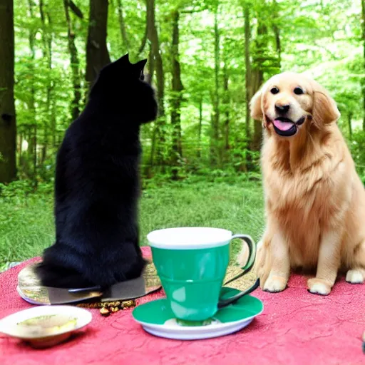 Image similar to golden retriever and a black kitty having a tea party in the forest