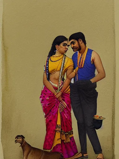 Prompt: water color painting, artwork by raja ravi varma, of a solo individual portrait of a guy and a girl in love, dapper, simple illustration, nostalgic, in love, full of details