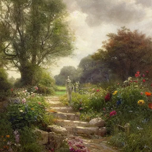 Prompt: landscape jean-Baptiste Monge and Solomon Joseph Solomon and Richard Schmid and Jeremy Lipking victorian landscape genre painting portrait painting of an english country cottage with a stone path and flower garden