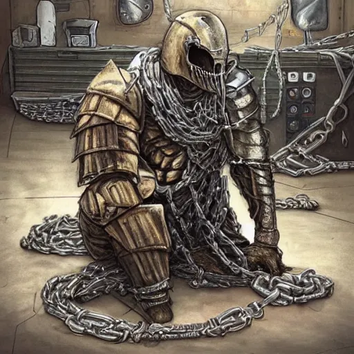 Image similar to “a photo of a kneeling evil disgusting mummy knight mutant in full armor wrapped in cables and chains in front of a laptop computer. The knight is in the center of a dark filthy dirty room filled with server racks and server cables hanging everywhere. The ground of the room is littered and covered with garbage and trash everywhere. It is dark and there are no lights. Cursed image. David Cronenberg style. David lunch style. Troma style. 35mm film.”