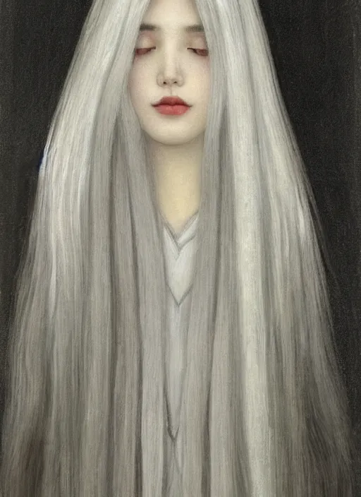 Image similar to tall thin young wan beautiful angel, silver hair so long, pale!, long silver hair, silver angel wings, wan adorable korean face, silver hair!!, style of fernand khnopff and lucien levy - dhurmer, oil on canvas, 4 k resolution, aesthetic!,