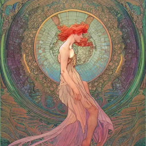 Image similar to a beautiful intricate watercolor illustration of a fairy of the lake, 4 k, ultra - wide angle, by william turner, by victo ngai, by alphonse mucha, by moebius, by gustave dore, hd, trending on artstation, hyper detailed, muted intense colors