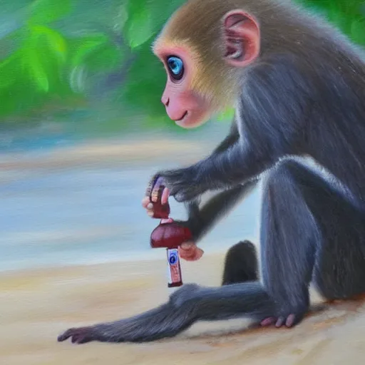 Prompt: baby monkey drinking water at the beach, oil painting, cute, 4k, trending on art station,