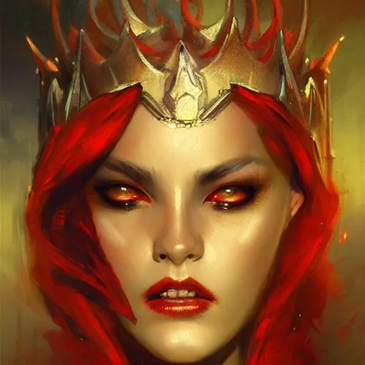 Prompt: attractive demon queen with crown and red eyes as an i robot, painting by gaston bussiere, craig mullins, luis rollo, portrait, digital painting, highly detailed, artstation, sharp focus, illustration, concept art, hd