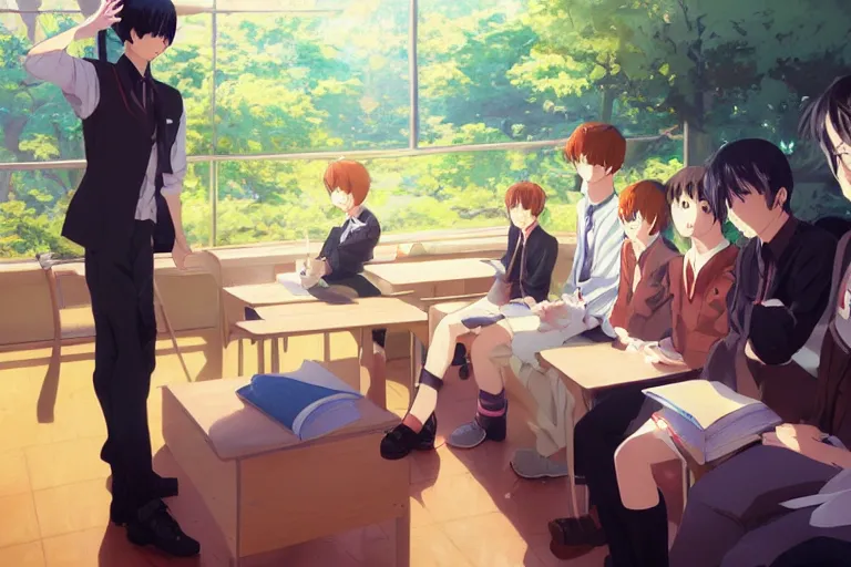 Prompt: boy's love anime high school classroom scene spring setting, expert high detail concept art, perfect proportions fine - face, tall handsome, bold colors, smooth sharp focus, realistic shaded lighting poster ilya kuvshinov, katsuhiro, jeremy lipkin and michael germash, makoto shinkai, loish and clamp style, trending on art station, best selling artist