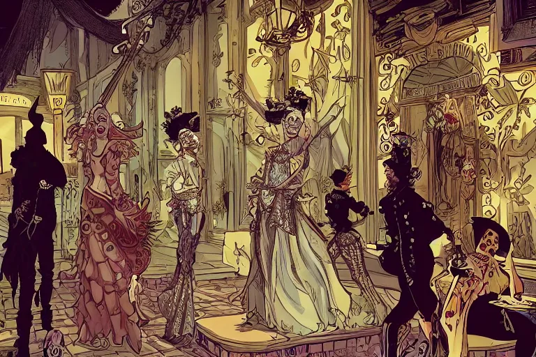 Prompt: exctatic Marie Antoinette in a rococo shaman dress dancing in with animal spirits, ornate cyberpunk city street, by Chiara Bautisya, and Laurie Greasley, Jen Bartel, Background by Tarmo Juhola, syd mead, cinematography Roger Deakins