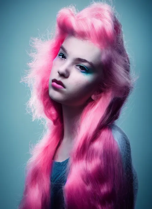 Image similar to a dramatic lighting photo of a beautiful young woman with cotton candy hair. blood splashes with a little bit of cyan and pink