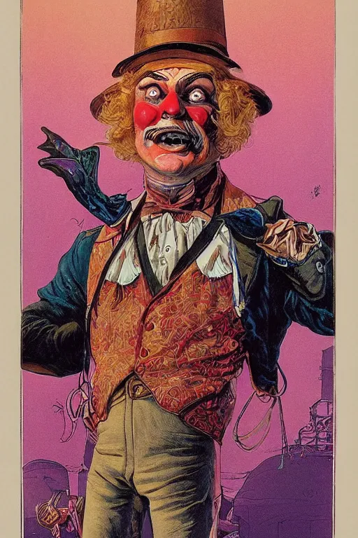 Image similar to vernon. Old west circus clown by James Gurney and Mœbius.