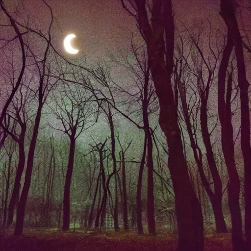 Prompt: a serene forest of faeries, beautiful double crescent moon in the night sky