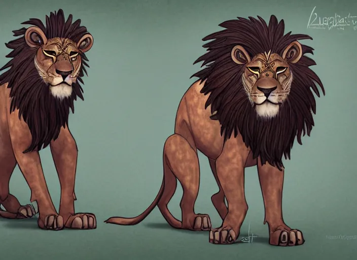 Image similar to fullbody feral egyptian lion character design of an egyptian lion. egyptian lion deviantart adoptable, style of maple story and zootopia, disney portrait studio lighting by jessica rossier and brian froud in the style of disney, traditional