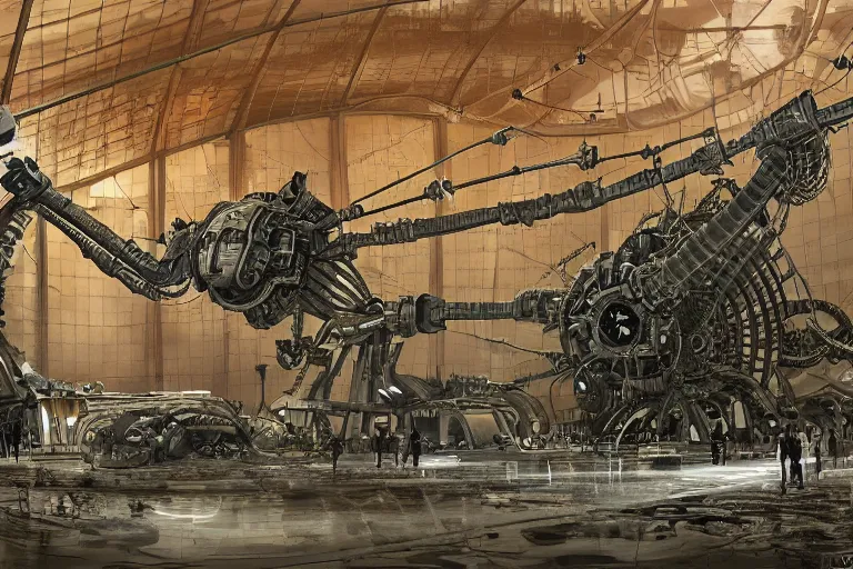 Image similar to dieselpunk huge robotic dragonfly, inside an gigantic underground concrete doom hangar, interior structure, drains, storm drains, jungle, vines, algea, cables, panels, walls, ceiling, floor, doors, brutalist architecture, intricate ink drawing, highly detailed in the style of Ashley Wood, moebius and Tsutomu Nihei, photorealistic, cinematic, intricate detail, well lit,