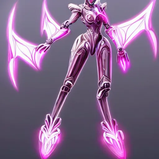 Image similar to highly detailed realistic exquisite fanart, of a beautiful female warframe, but as an anthropomorphic elegant robot female dragon, glowing eyes, shiny and smooth off-white plated armor, bright Fuchsia skin beneath the armor, sharp claws, well designed robot dragon four fingered hands, and sharp elegant robot dragon three clawed feet, royal elegant pose, full body and head shot, epic cinematic shot, professional digital art, high end digital art, DeviantArt, artstation, Furaffinity, 8k HD render, epic lighting, depth of field