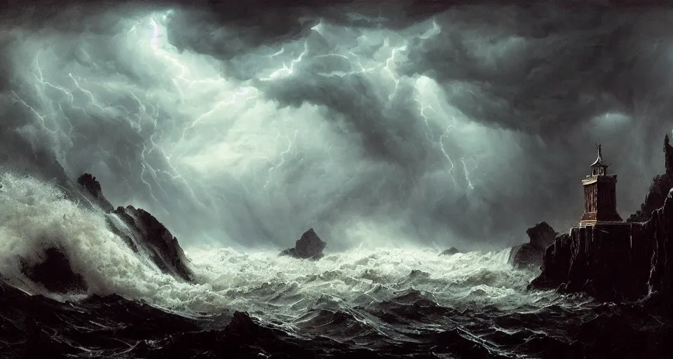 Image similar to lovecraftian eldritch call of cthulhu on a snowy island surrounded by raging stormy seas by eugene von guerard, ivan shishkin, night, red lightning!!, storm!, dramatic lighting, concept art, trending on artstation, 8 k