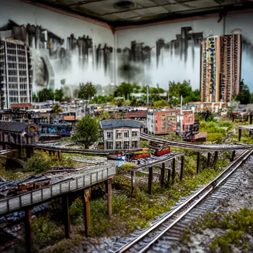 Prompt: a huge model railroad scene of an abandoned city, empty cars, overgrown buildings, zeiss 1 8 mm prime,