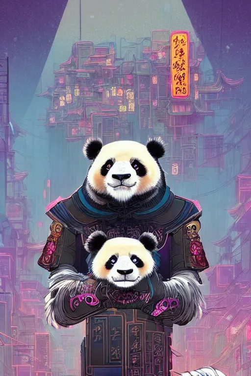 Image similar to a beautiful hyperdetailed character design of a cute panda with a chinese lion dance head victo ngai cyberpunk style of absolutely beautiful cyberpunk town, from china, style of studio ghibli, makoto shinkai, raphael lacoste, louis comfort tiffany, artgerm, james jean, ross tran, chinese style