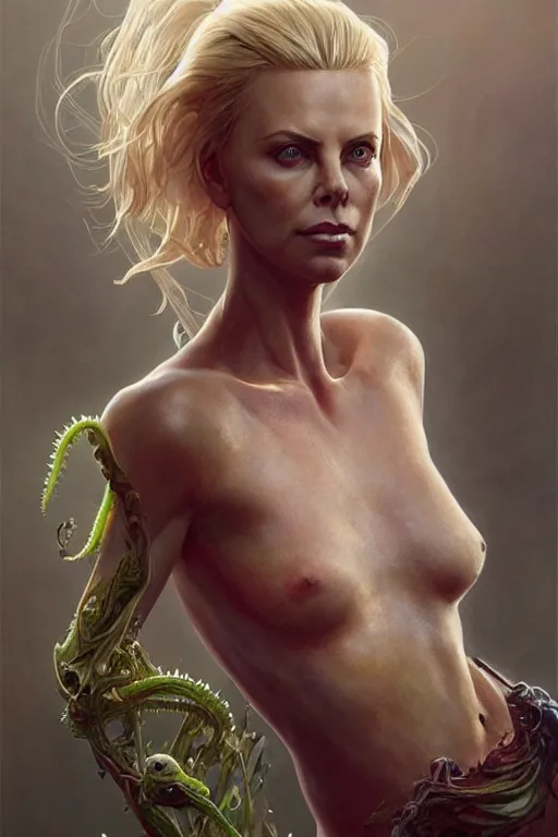 Image similar to Charlize Theron as Venus flytrap, intricate, highly detailed, smooth, artstation, digital illustration by Ruan Jia and Mandy Jurgens and Artgerm and Wayne Barlowe and Greg Rutkowski and Zdislav Beksinski