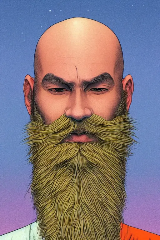 Image similar to a colorful closeup portrait of a young bald man with a very long wild beard dreaming psychedelic hallucinations in the vast icy landscape of antarctica, by kawase hasui, moebius and edward hopper, colorful flat surreal design, hd, 8 k, artstation