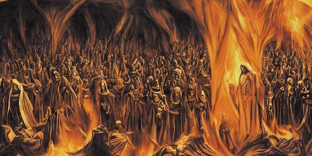 Image similar to dante's inferno painting, with people in black hooded tunic like in the film eyes wide shut of stanley kubrick, illuminati symbol, crows, skeletons, crosses, jesus, dark beauty, rotten gold, perfect faces, extremely detailed, cinema 4 d, unreal engine.