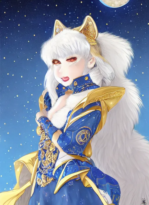 Image similar to commissioned full body portrait of a female anthro wolf princess fursona with a furry wolf head and white hair wearing a blue and gold Japanese armored dress in a white and gold palace on a starry night with a large crescent moon, by a professional manga illustrator, Stanley Artgerm Lau, WLOP, Rossdraws, James Jean, Andrei Riabovitchev, Marc Simonetti, and Sakimichan, trending on artstation