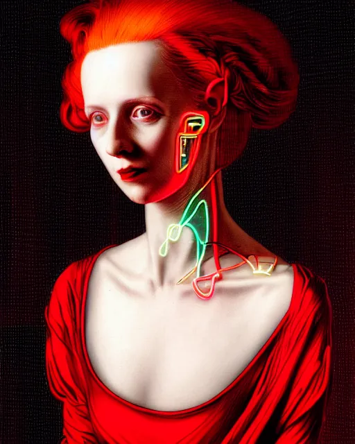 Prompt: portrait of a young pale woman with lilac hair, wearing a neon red dress by Vivienne Westwood, intricate details, cyberpunk, super-flat, in the style of Bartholomäus the Elder, black background