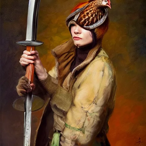 Prompt: Pheasant holding a sword, by lily seika jones , rivuletpaper art, top cinematic lighting, cinematic mood, very detailed, shot in canon, by Viktor Vasnetsov, oil painting, harsh fairy tale, soft style, hyperrealism, beautiful, high resolution, trending on artstation, steps 50