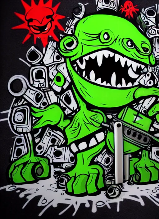 Image similar to beautiful graffiti monsters with a tank turret for arm and black frame door in side on black background paper