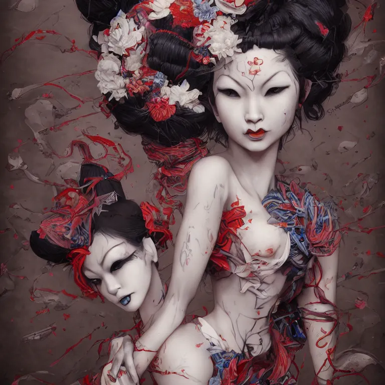 Prompt: disconfigured geisha, dark art by james jean, part by ross tran, part by ariduka 5 5, ultra realistic, high definition, 3 d render, masterpiece