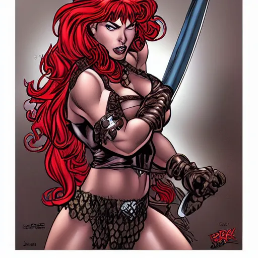 Prompt: Red Sonja portrait by J. Scott Campbell, sly smile. Rule of thirds.