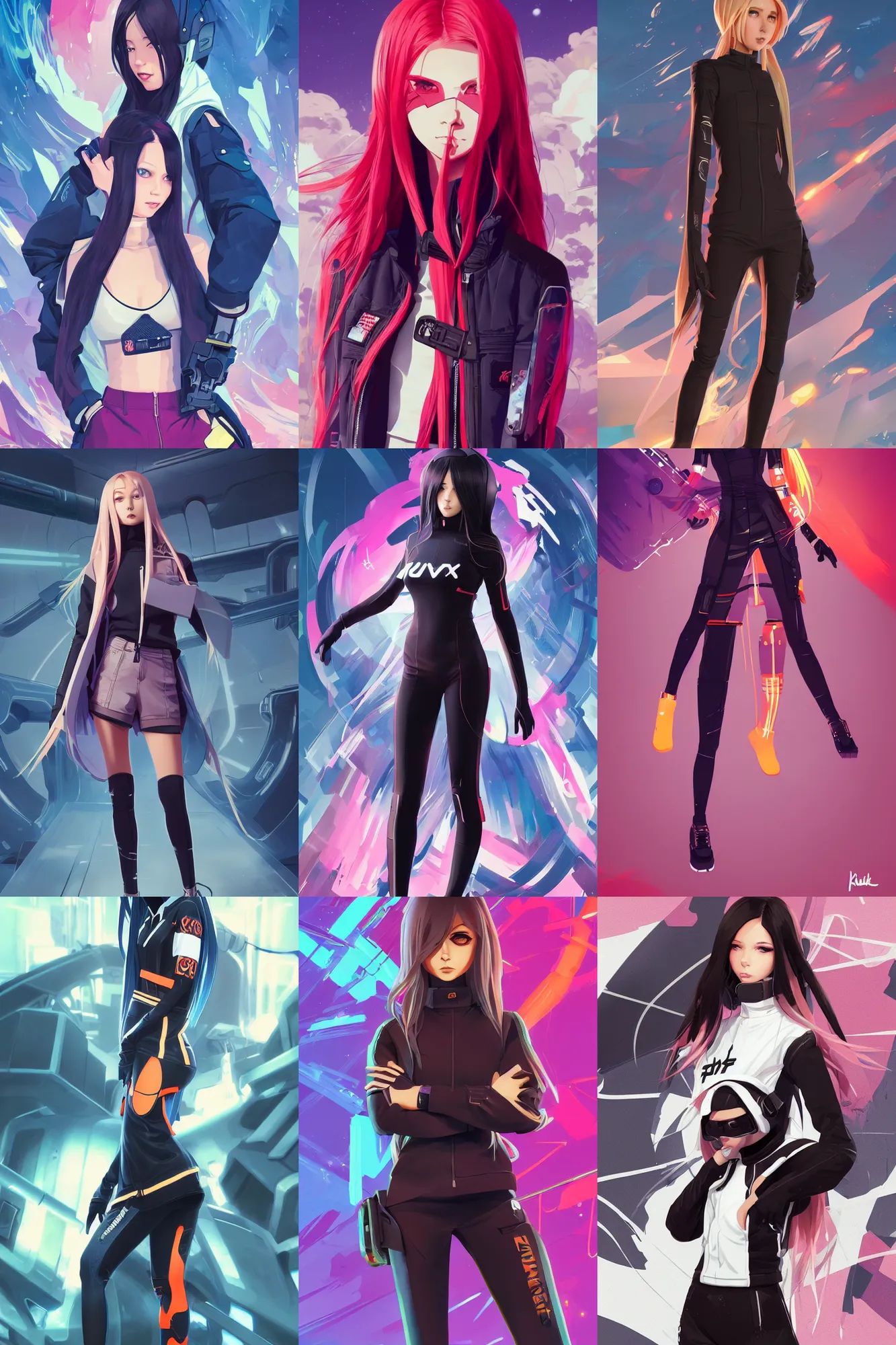 Prompt: uncropped full body character portrait poster girl with futuristic streetwear and crossed arms, long straight hair, complementary colour palette, cute face, pretty face, anime by kuvshinov ilya, artgerm and greg rutkowski, 4 k, hdr, graphic design, adobe illustrator, behance, trending on artstation