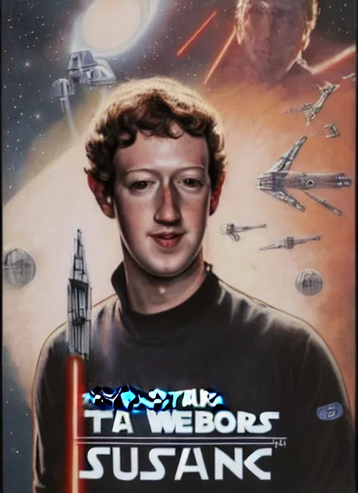 Image similar to Mark Zuckerberg as the protagonist on a Star Wars poster, late 70s, space, scifi, detailed, movie