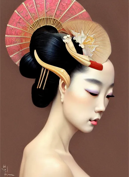 Prompt: organic seductive Geisha portrait, pearlescent skin, diffuse lighting, fantasy, intricate, elegant pose, highly detailed, lifelike, photorealistic, digital painting, artstation, illustration, concept art, different point of view, smooth, sharp focus, art by John Collier and Albert Aublet and Leonardo da vinci and Moebius and Krenz Cushart
