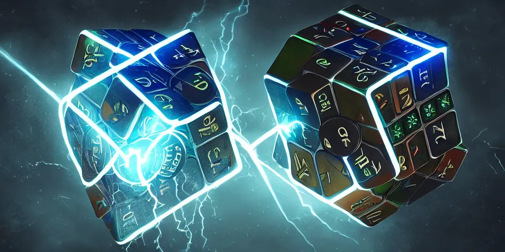 Prompt: Magical glowing Rubik's cube with lightning effects surrounding it, levitating above an ancient mysterious platform outside on an overcast day, concept art, high detail, dramatic lighting, artstation, cinematic