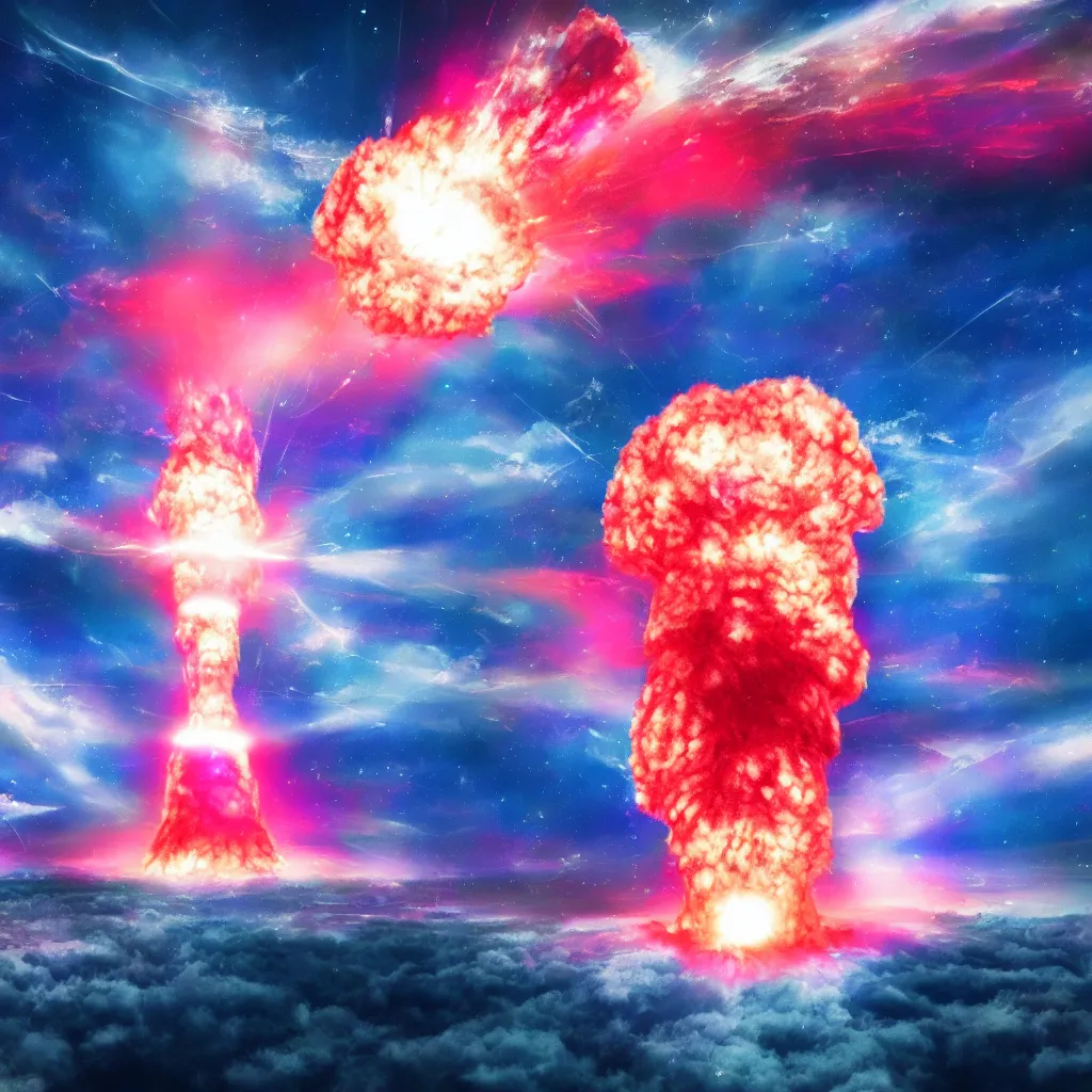 Image similar to a lofi nuclear explosion to study and die to, 4 k, art station, beautiful, blue and pink