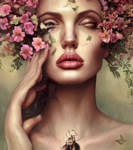 Image similar to portrait of the angelina jolie, surrounded by flowers by karol bak, james jean, tom bagshaw, rococo, symmetrical eyes, trending on artstation, cinematic lighting, hyper realism, octane render, 8 k, hyper detailed.