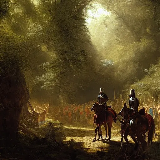 Image similar to a group of medieval european knights are riding in a column through a dark wood along a small stream, highly detailed, digital painting, sharp focus, by alber bierstadt greg rutkowski