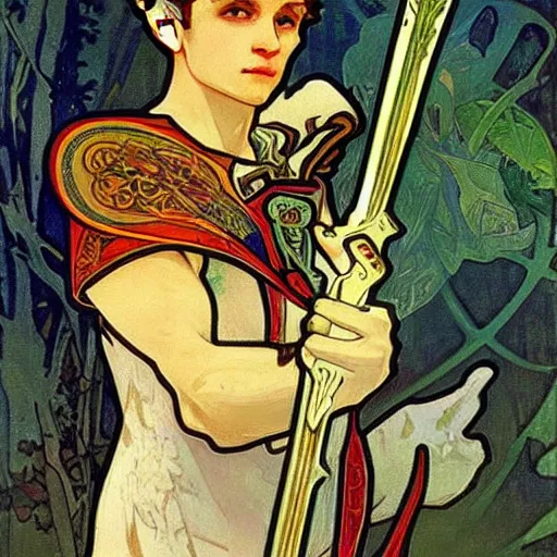 Image similar to An elf prince with a sword ,alphonse mucha