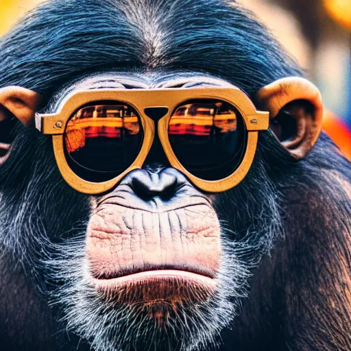 Prompt: high quality 8 k landscape movie still of a smiling and arrogantly wise looking retro chimpanzee wearing cool dark sunglasses, highly detailed, cinematic composition, cinematic lighting, 1 9 8 0 s retro hippie vintage hipster art