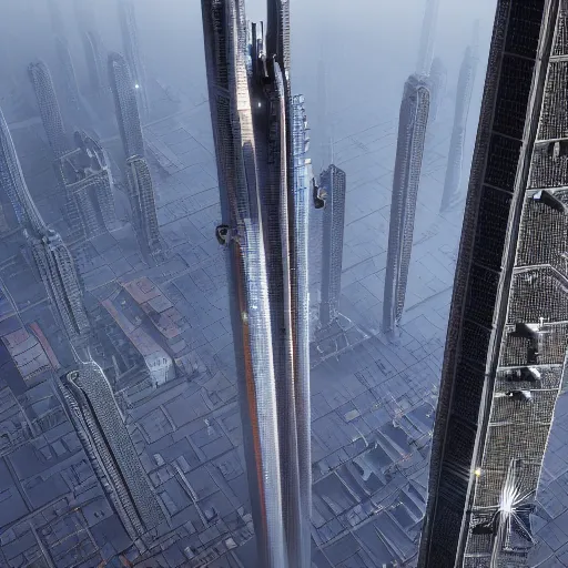 Prompt: a space elevator rising from the center of a misty metropolis, highly detailed, 8k, sharp focus