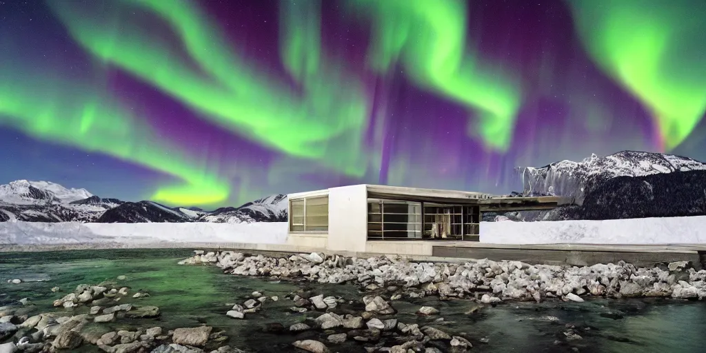 Prompt: Le Corbusier architecture next to Alaskan Lake, night time stars, northern lights, reflections, award winning photography