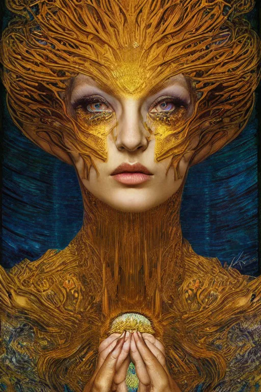 Image similar to Intermittent Chance of Chaos Muse by Karol Bak, Jean Deville, Gustav Klimt, and Vincent Van Gogh, beautiful surreal face portrait, enigma, destiny, fate, inspiration, muse, otherworldly, fractal structures, arcane, ornate gilded medieval icon, third eye, spirals