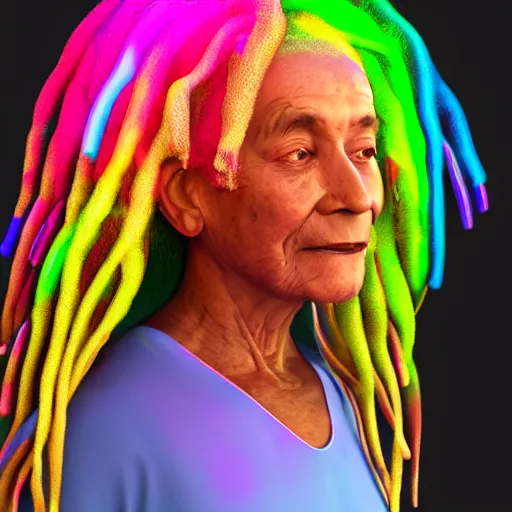 Image similar to old woman with long dreadlocks in rainbow colors __trending artstation, ambient lighting, orange halo __ neon artifacts __ 3D render by Andrei Riabovi