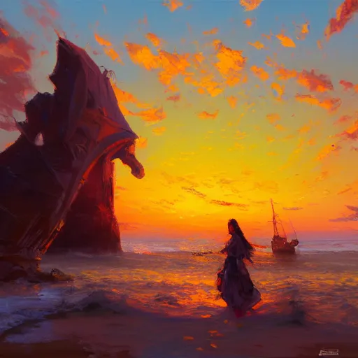 Image similar to acrylic painting, impressionism and expressionism, bold pastel colors, expressive brushstrokes, a spectacular sunset over the shore of the island of monuments and statues, by andreas rocha, trending on artstation