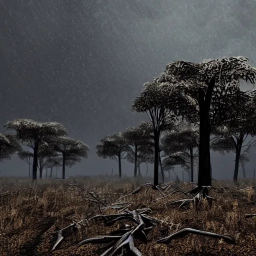 Prompt: Burnt forest of skeleton trees underneath a raging thunderstorm. 4K. Unreal engine. HD. Highly detailed.