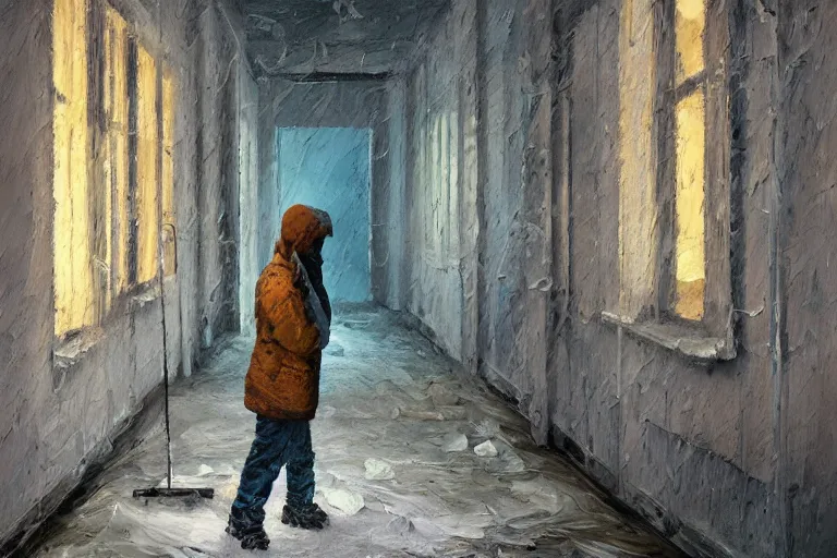 Prompt: palette knife oil painting of a patient at a mental asylum who is frozen with ice, standing in a frozen corridor, extreme detail, artstation trending, artgerm, any racial background, deviant art, octane, substance, art history 8 k