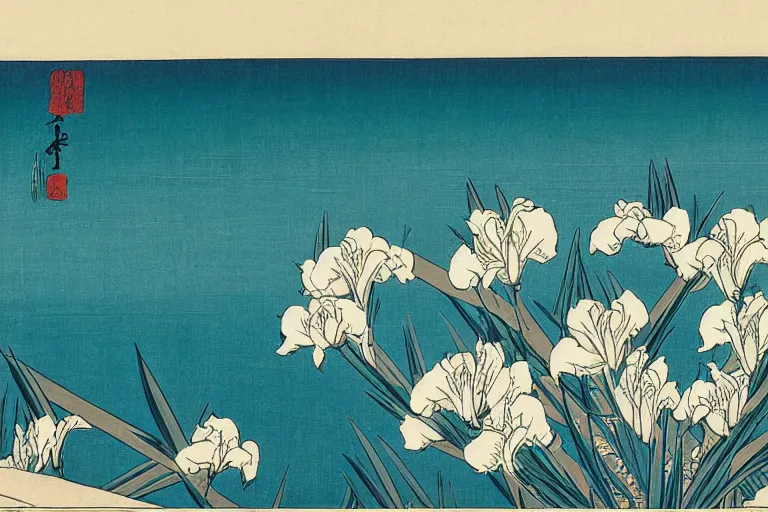 Prompt: a masterful ukiyo - e print of beautiful irises by katsushika hokusai and utagawa hiroshige, masterpiece, hyperdetailed!!, intricate!!, complex!!, 4 k