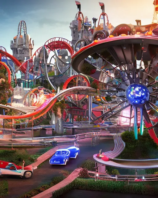 Image similar to theme park on automobiles with some giant elements like velocimeters or wheels shaping the structures, volumetric lighting, funky design, 1970s palette, hyper realism, high detail, octane render, high contrast , 8k