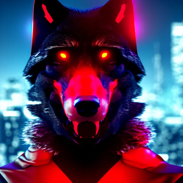 Image similar to portrait of a anthropomorphic black male wolf with red long red hair wearing futuristic clothes in a futuristic city | | concept art, 4 k, volumetric lighting, highly detailed, trending on artstation