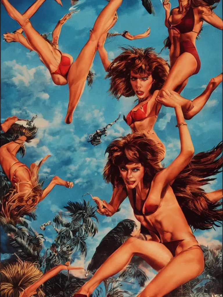 Prompt: 8 0's movie poster of bikini girls flying running from a wolfman, decolletage, confident pose, coherent, insane detail, concept art, character concept, cinematic lighting, global illumination radiating a glowing aura