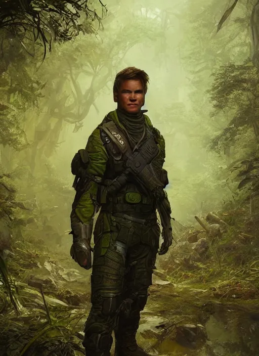 Prompt: portrait of a young richard dean anderson wearing a green combat uniform, in a post apocalyptic city overgrown by plants, by greg rutkowski, cover illustration, concept art, volumetric lighting, volumetric atmosphere, sharp focus, octane render, trending on artstation, 8 k